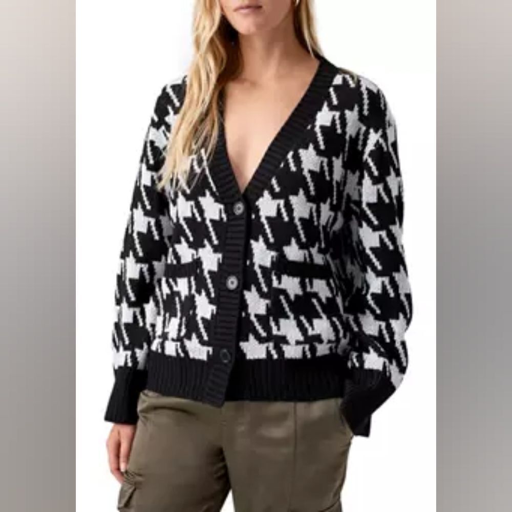 Sanctuary Houndstooth V-Neck Knit Cardigan w/ Pockets, Large, Black & White
